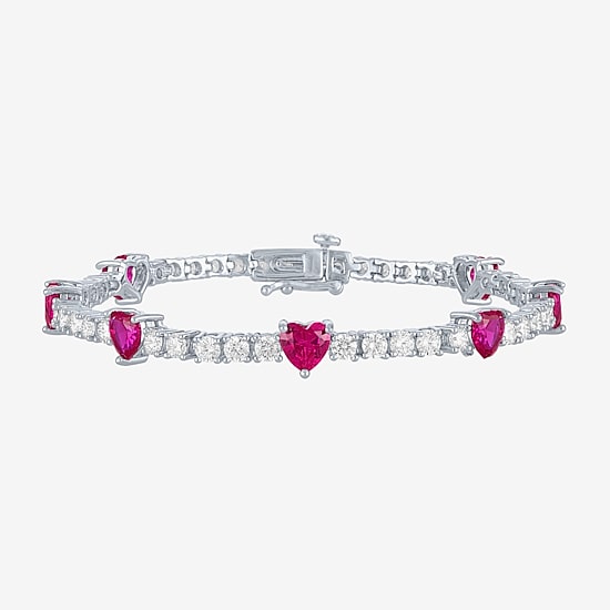 Gemstone Pure Silver Over Brass Heart 7.5 Inch Tennis Bracelet