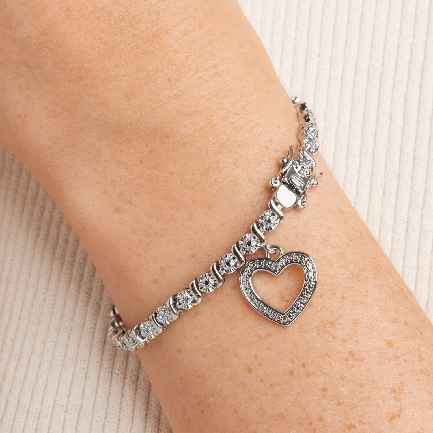 Sparkle Allure Womens Natural White Diamond Accent Pure Silver Over Bronze Heart Inch Tennis Bracelet