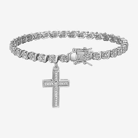 Sparkle Allure Womens Natural White Diamond Accent Pure Silver Over Bronze Cross 7.25 Inch Tennis Bracelet