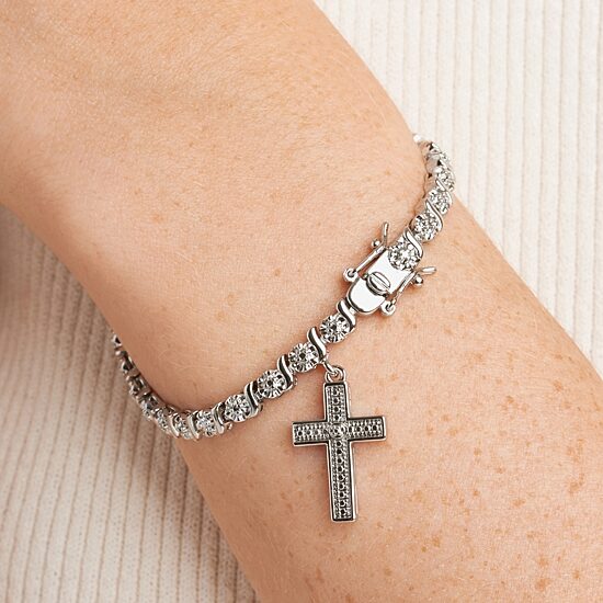 Sparkle Allure Womens Natural White Diamond Accent Pure Silver Over Bronze Cross 7.25 Inch Tennis Bracelet