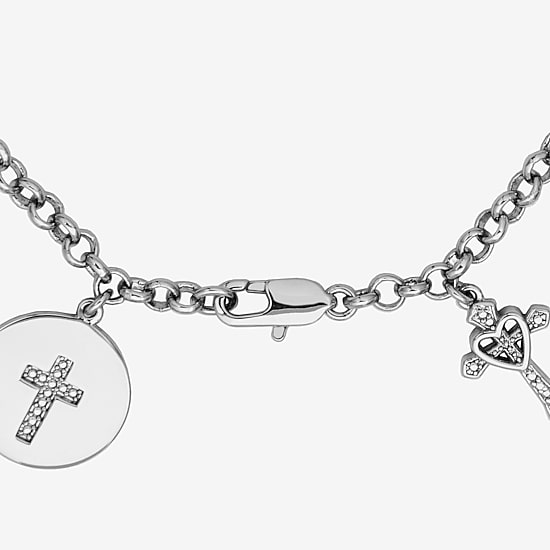 Sparkle Allure Womens Natural White Diamond Accent Pure Silver Over Bronze Angel Cross Heart Charm Bracelet