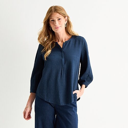 Liz Claiborne Womens Split Crew Neck 3/4 Sleeve Tunic Top In Blue