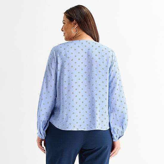 Liz Claiborne Womens Plus V Neck Long Sleeve Blouse