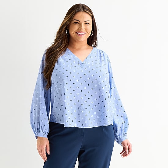 Liz Claiborne Womens Plus V Neck Long Sleeve Blouse