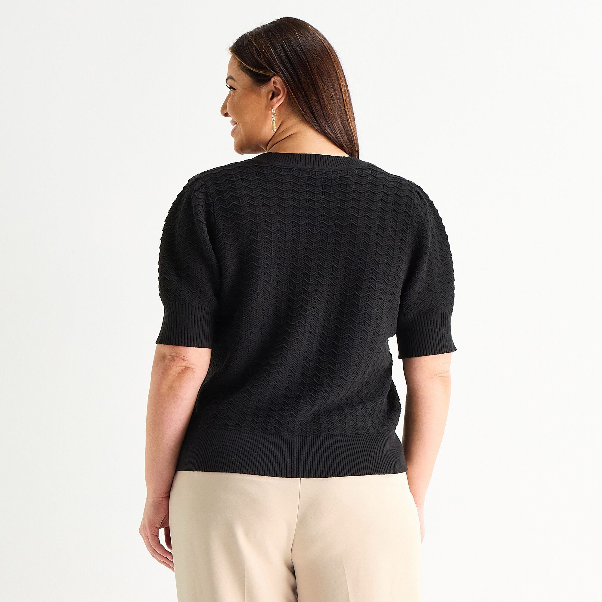Liz Claiborne Plus Womens Crew Neck Elbow Sleeve Pullover Sweater