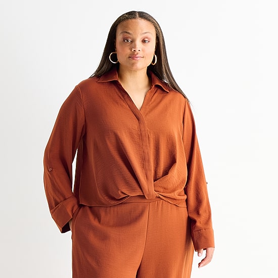 Bold Elements Womens Plus Y Neck Long Sleeve Blouse