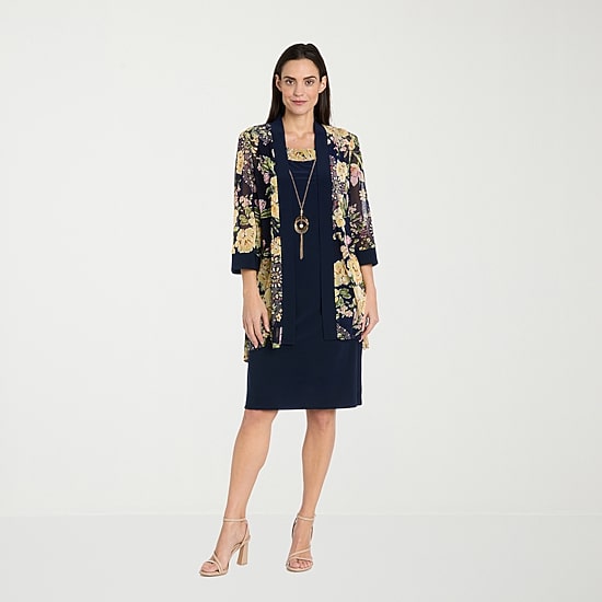 R & M Richards Womens Floral Jacket Dress With Removable Necklace
