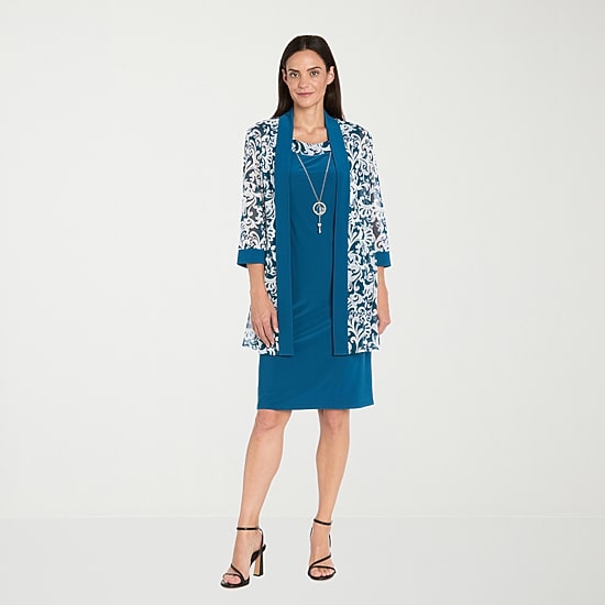 R & M Richards Womens Floral Jacket Dress With Removable Necklace