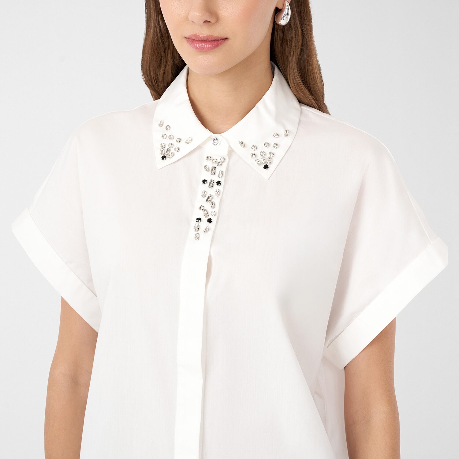 RM Rebecca Minkoff Womens Dolman Short Sleeve Boxy Fit Embellished Button-Down Shirt