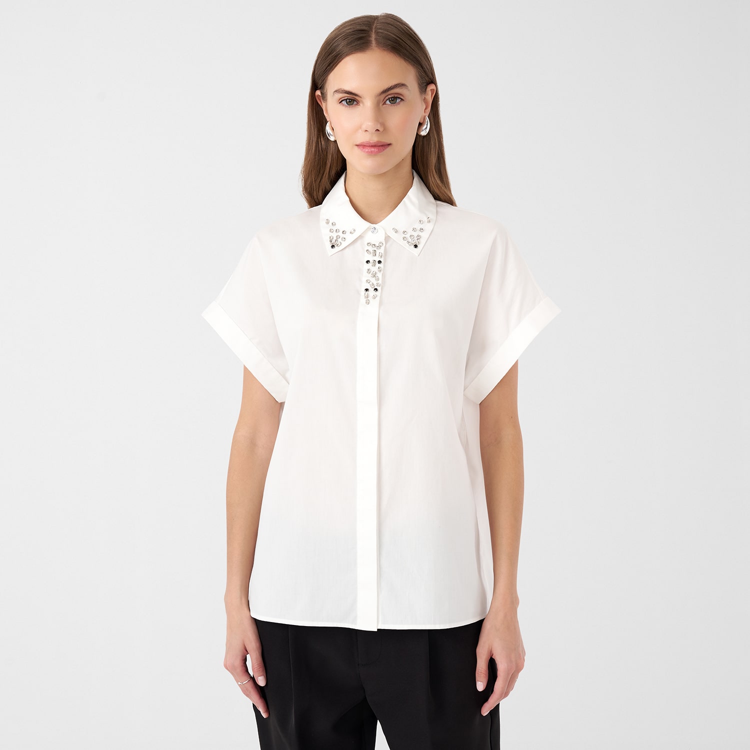 RM Rebecca Minkoff Womens Dolman Short Sleeve Boxy Fit Embellished Button-Down Shirt