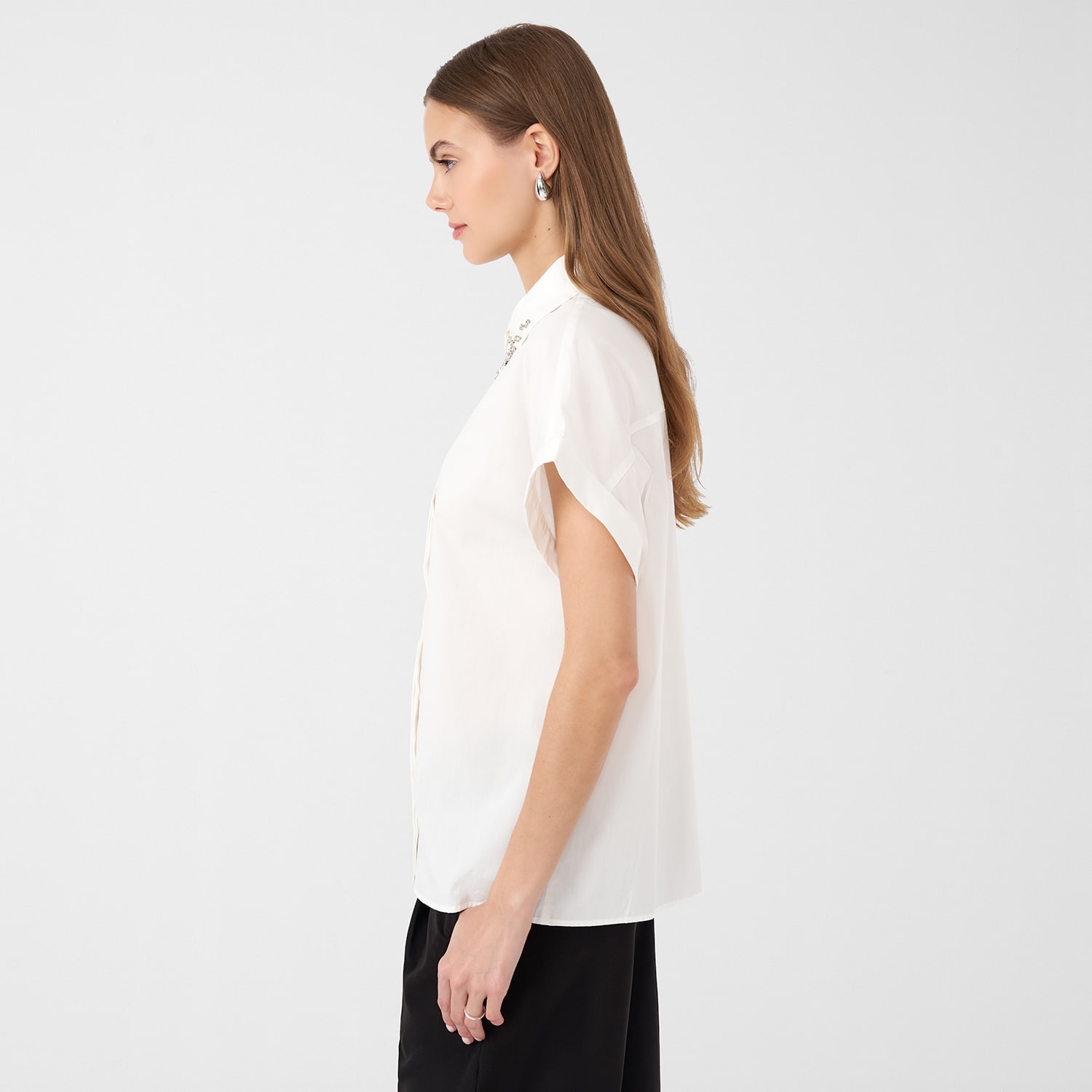 RM Rebecca Minkoff Womens Dolman Short Sleeve Boxy Fit Embellished Button-Down Shirt