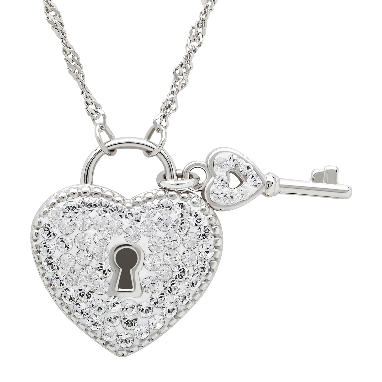 Crystal-Accent Sterling Silver Heart Lock and Key Necklace