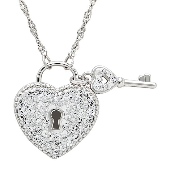 Crystal-Accent Sterling Silver Heart Lock and Key Necklace