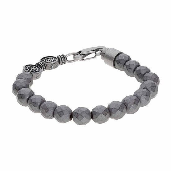 Mens Gray Hematite Stainless Steel Beaded Bracelet