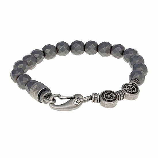 Mens Gray Hematite Stainless Steel Beaded Bracelet