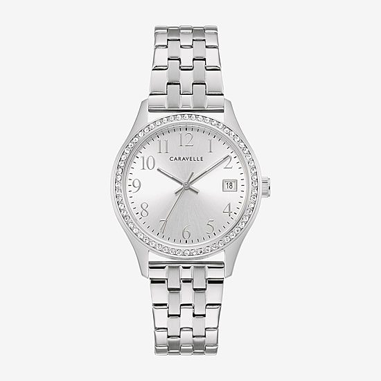 Caravelle Designed By Bulova Womens Crystal Accent Silver Tone Stainless Steel 2-pc. Watch Boxed Set 43x104