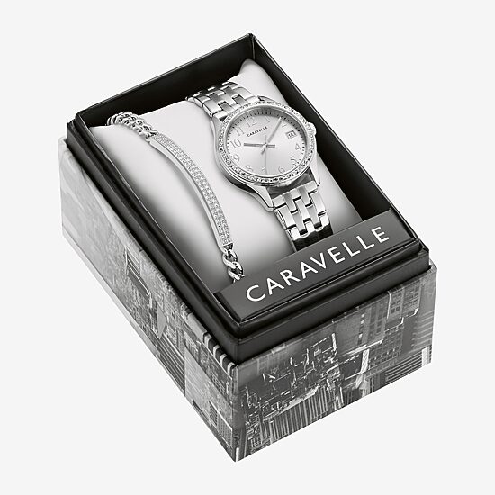 Caravelle Designed By Bulova Womens Crystal Accent Silver Tone Stainless Steel 2-pc. Watch Boxed Set 43x104