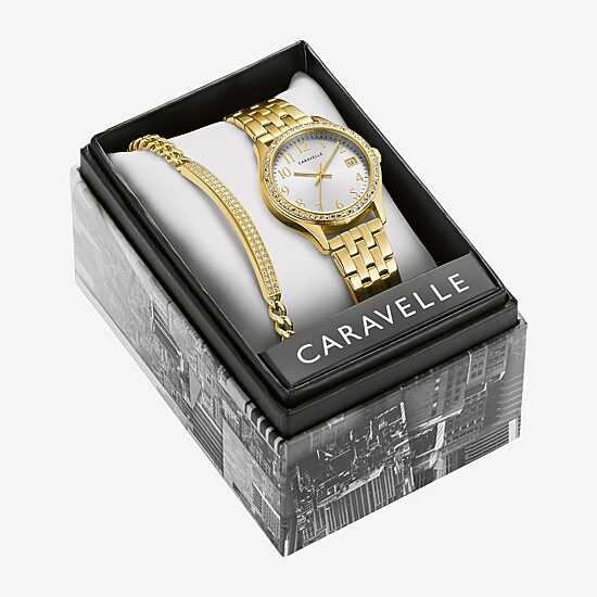 Caravelle Designed By Bulova Womens Crystal Accent Gold Tone Stainless Steel 2-pc. Watch Boxed Set 44x101