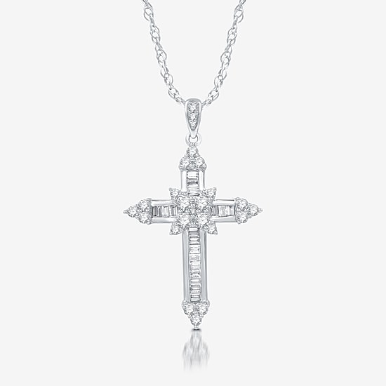 (H-I / I1) Womens 1 CT. T.W. Lab Grown White Diamond 10K Gold Cross 18 Inch Pendant Necklace