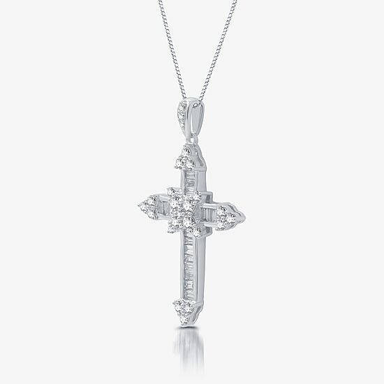 (H-I / I1) Womens 1 CT. T.W. Lab Grown White Diamond 10K Gold Cross 18 Inch Pendant Necklace