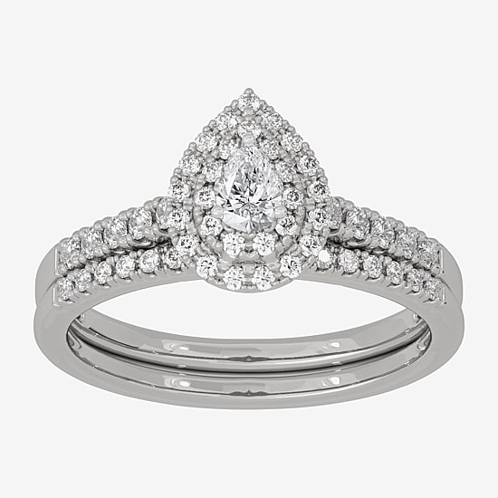 Womens 3/8 CT. T.W. Natural White Diamond 10K Gold Pear Side Stone Halo Bridal Set