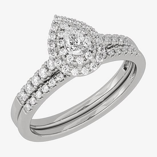 Womens 3/8 CT. T.W. Natural White Diamond 10K Gold Pear Side Stone Halo Bridal Set