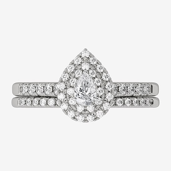 Womens 3/8 CT. T.W. Natural White Diamond 10K Gold Pear Side Stone Halo Bridal Set