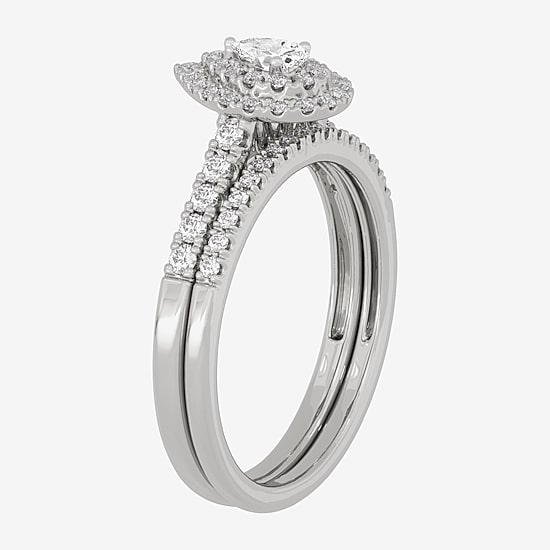 Womens 3/8 CT. T.W. Natural White Diamond 10K Gold Pear Side Stone Halo Bridal Set