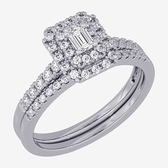 Womens 3/8 CT. T.W. Natural White Diamond 10K Gold Side Stone Halo Bridal Set