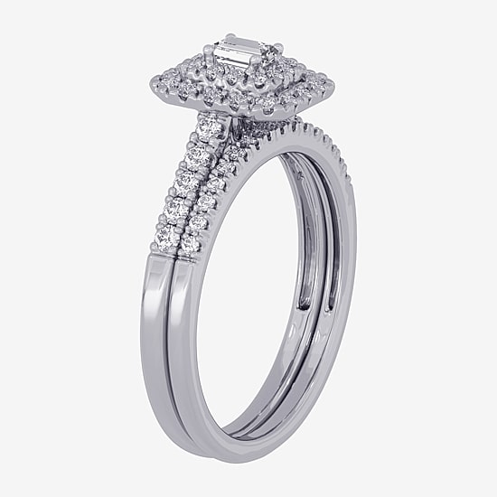 Womens 3/8 CT. T.W. Natural White Diamond 10K Gold Side Stone Halo Bridal Set