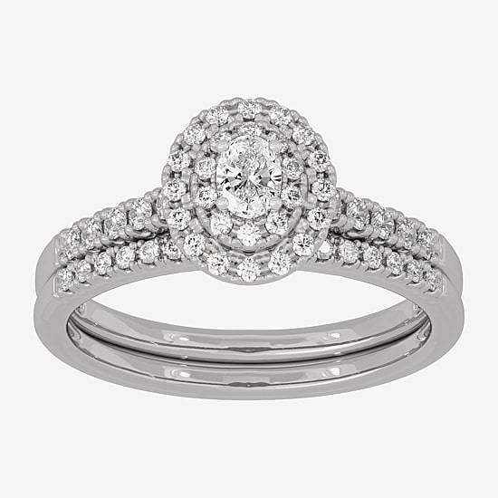 Womens 3/8 CT. T.W. Natural White Diamond 10K Gold Oval Side Stone Halo Bridal Set