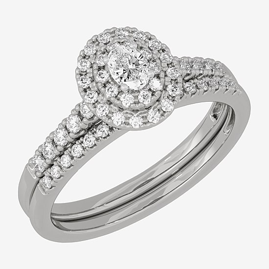 Womens 3/8 CT. T.W. Natural White Diamond 10K Gold Oval Side Stone Halo Bridal Set