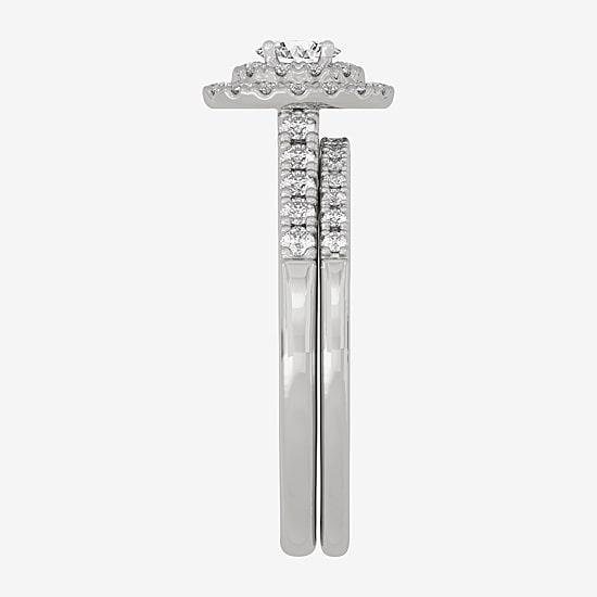 Womens 3/8 CT. T.W. Natural White Diamond 10K Gold Oval Side Stone Halo Bridal Set