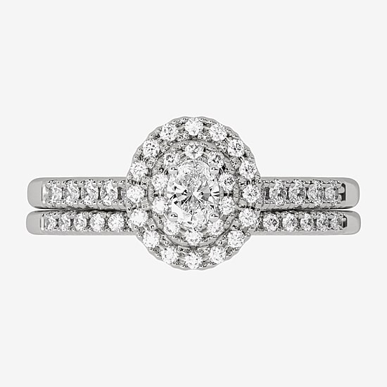 Womens 3/8 CT. T.W. Natural White Diamond 10K Gold Oval Side Stone Halo Bridal Set