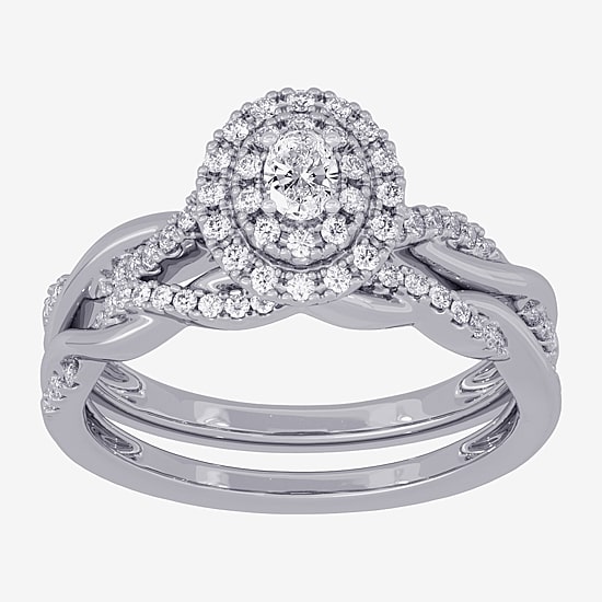 Womens 3/8 CT. T.W. Natural White Diamond 10K Gold Oval Side Stone Halo Bridal Set