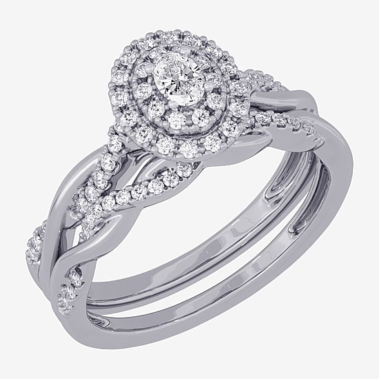 Womens 3/8 CT. T.W. Natural White Diamond 10K Gold Oval Side Stone Halo Bridal Set