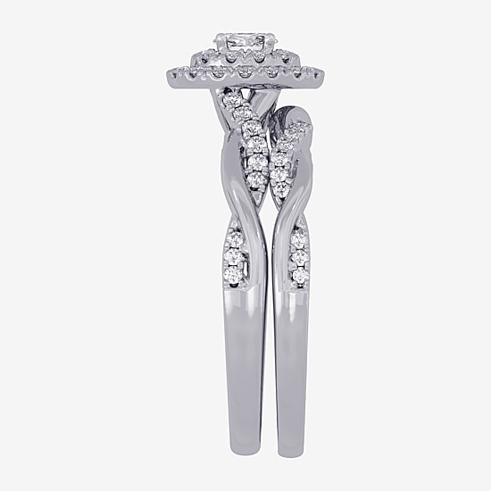 Womens 3/8 CT. T.W. Natural White Diamond 10K Gold Oval Side Stone Halo Bridal Set