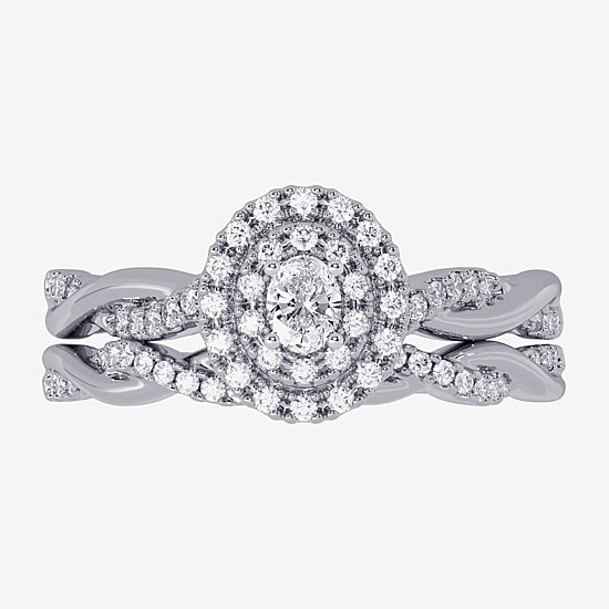 Womens 3/8 CT. T.W. Natural White Diamond 10K Gold Oval Side Stone Halo Bridal Set