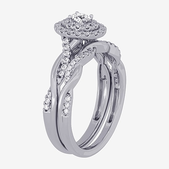 Womens 3/8 CT. T.W. Natural White Diamond 10K Gold Oval Side Stone Halo Bridal Set