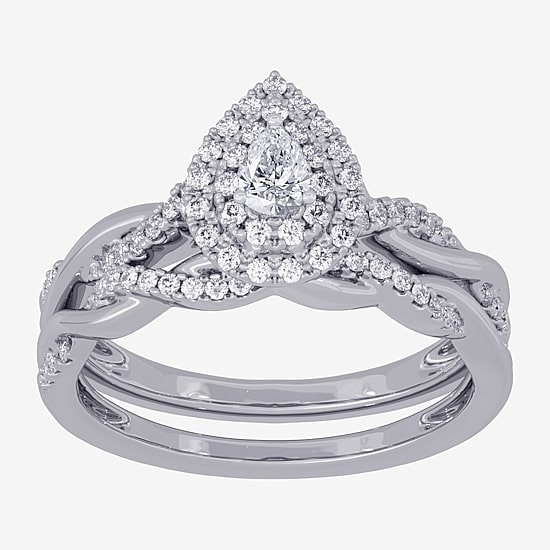 Womens 3/8 CT. T.W. Natural White Diamond 10K Gold Pear Side Stone Halo Bridal Set