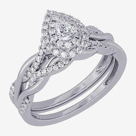 Womens 3/8 CT. T.W. Natural White Diamond 10K Gold Pear Side Stone Halo Bridal Set