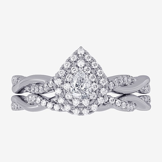 Womens 3/8 CT. T.W. Natural White Diamond 10K Gold Pear Side Stone Halo Bridal Set