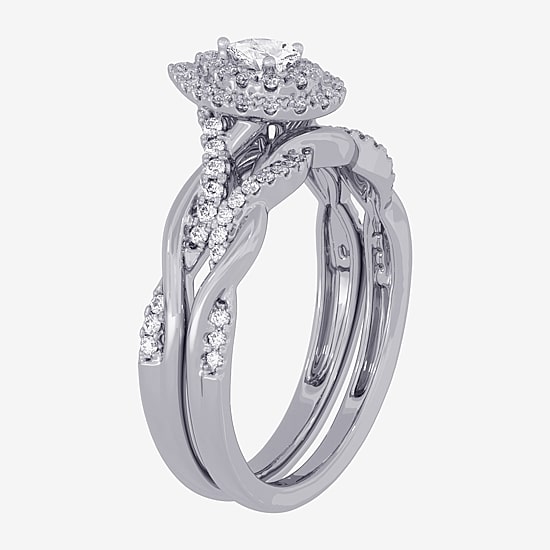 Womens 3/8 CT. T.W. Natural White Diamond 10K Gold Pear Side Stone Halo Bridal Set