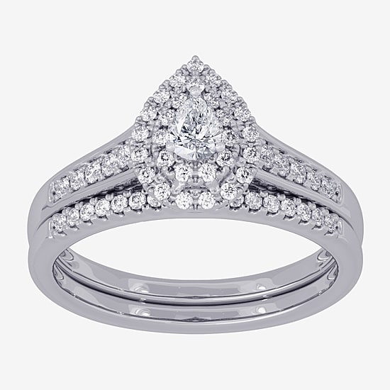 Womens 3/8 CT. T.W. Natural White Diamond 10K Gold Pear Side Stone Halo Bridal Set
