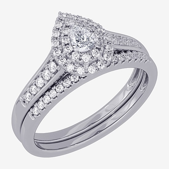Womens 3/8 CT. T.W. Natural White Diamond 10K Gold Pear Side Stone Halo Bridal Set