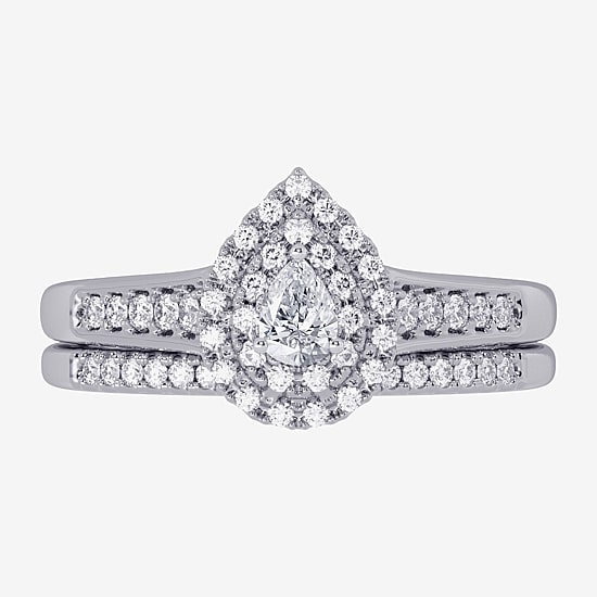 Womens 3/8 CT. T.W. Natural White Diamond 10K Gold Pear Side Stone Halo Bridal Set