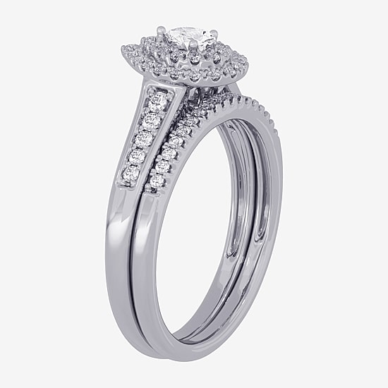 Womens 3/8 CT. T.W. Natural White Diamond 10K Gold Pear Side Stone Halo Bridal Set