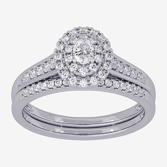 Womens 3/8 CT. T.W. Natural White Diamond 10K Gold Oval Side Stone Halo Bridal Set