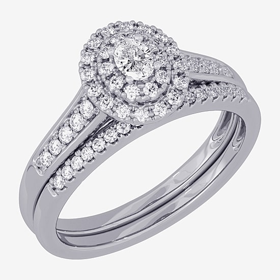 Womens 3/8 CT. T.W. Natural White Diamond 10K Gold Oval Side Stone Halo Bridal Set