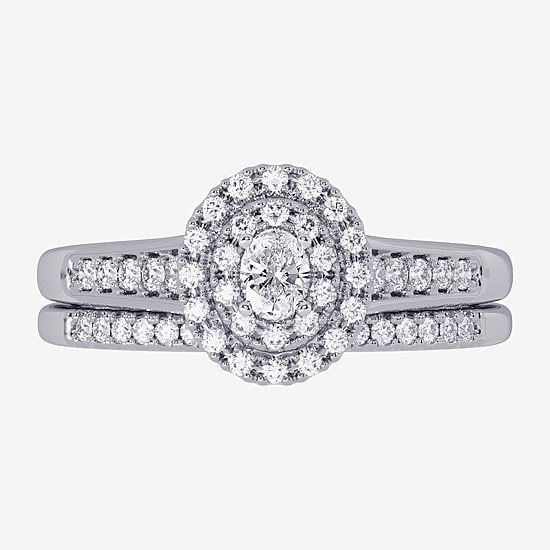Womens 3/8 CT. T.W. Natural White Diamond 10K Gold Oval Side Stone Halo Bridal Set